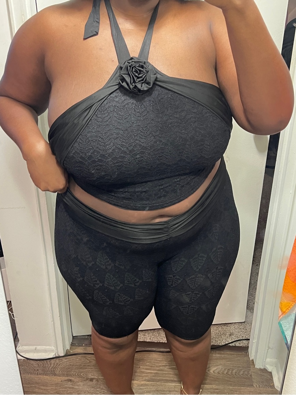 Fashion Nova Black Lace Halter Too & High-Waist Capri Set with Rosette